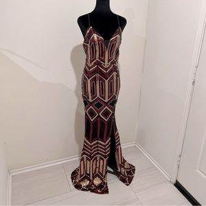Sequins mermaid geometric v.neck slit multicolor party dress
